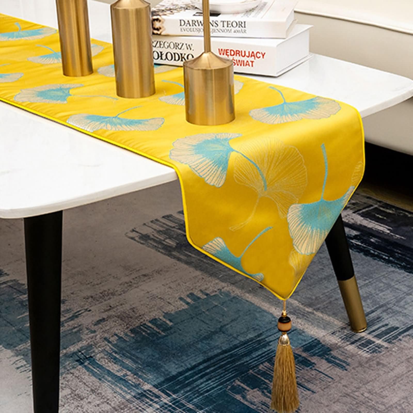 Runner Tavola Giallo con Motivi Floreali,Poliestere,33x240cm