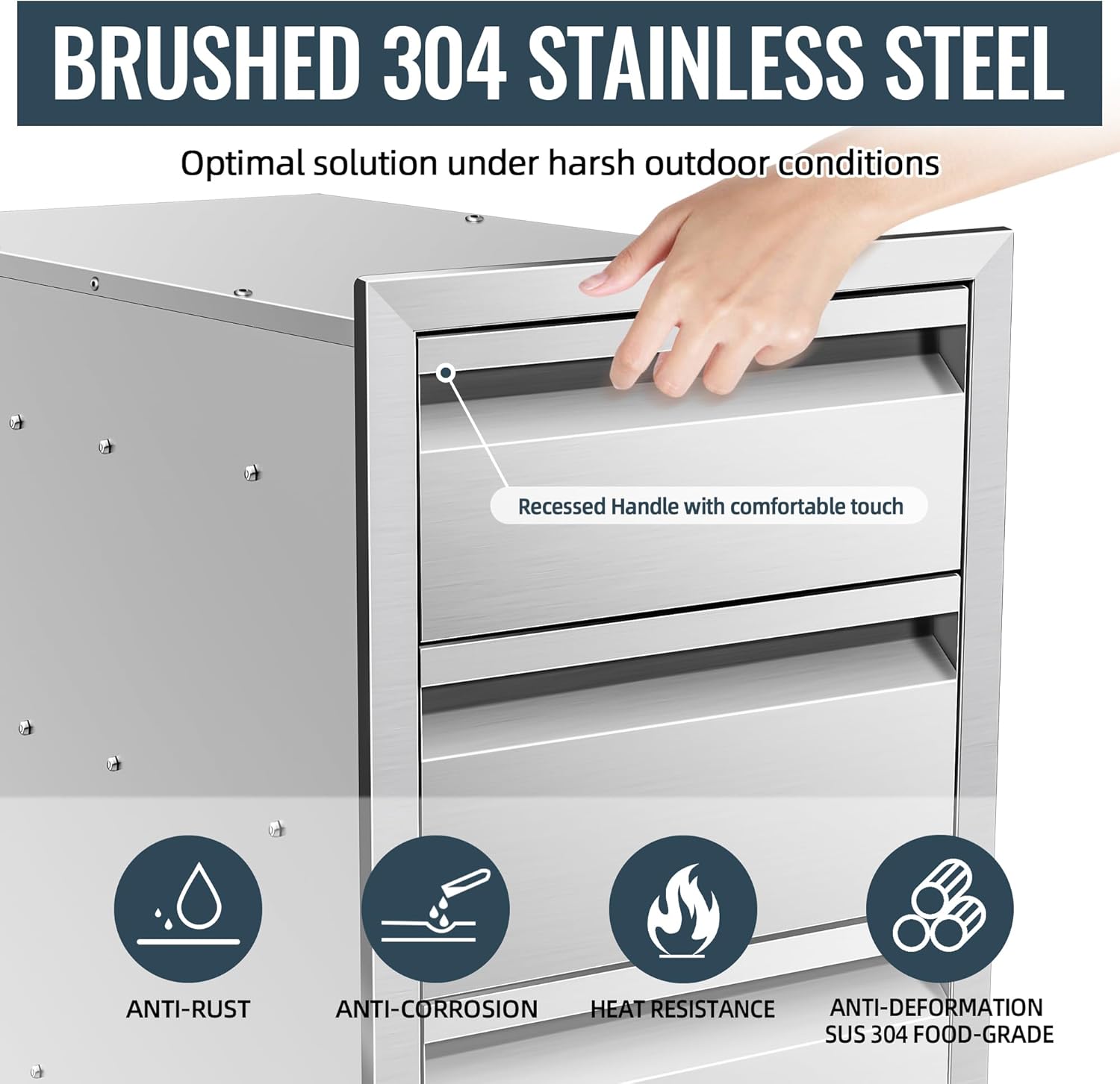 Outdoor Kitchen Drawer 14 x 21 x 23 inch Flush Mount BBQ Triple Layer Drawer, Durable Stainless Steel Kitchen Drawer Outdoor Kitchen Access Drawer for BBQ Island Patio