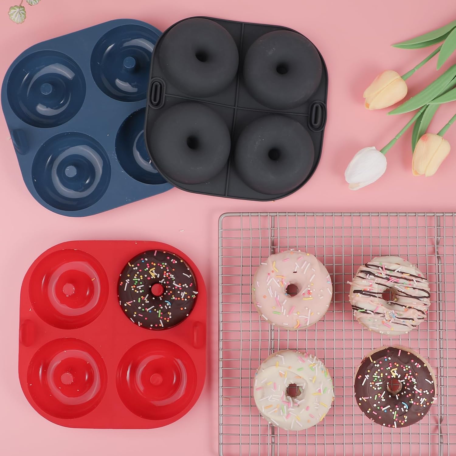 Webake Silicone Air Fryer Donut Pan for Baking, 4-Cavity Donut Pans Nonstick Donut Mold, BPA-Free, Dishwasher Safe, Set of 3
