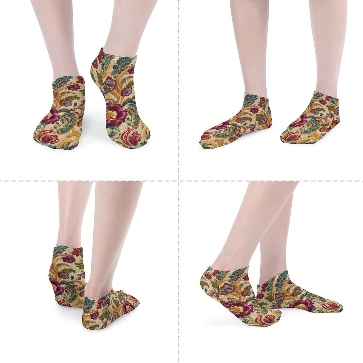 Vintage Paisley Floral Patterned No Show Ankle Socks Low Cut Non Slip Flat Boat Line 5 Pairs Set