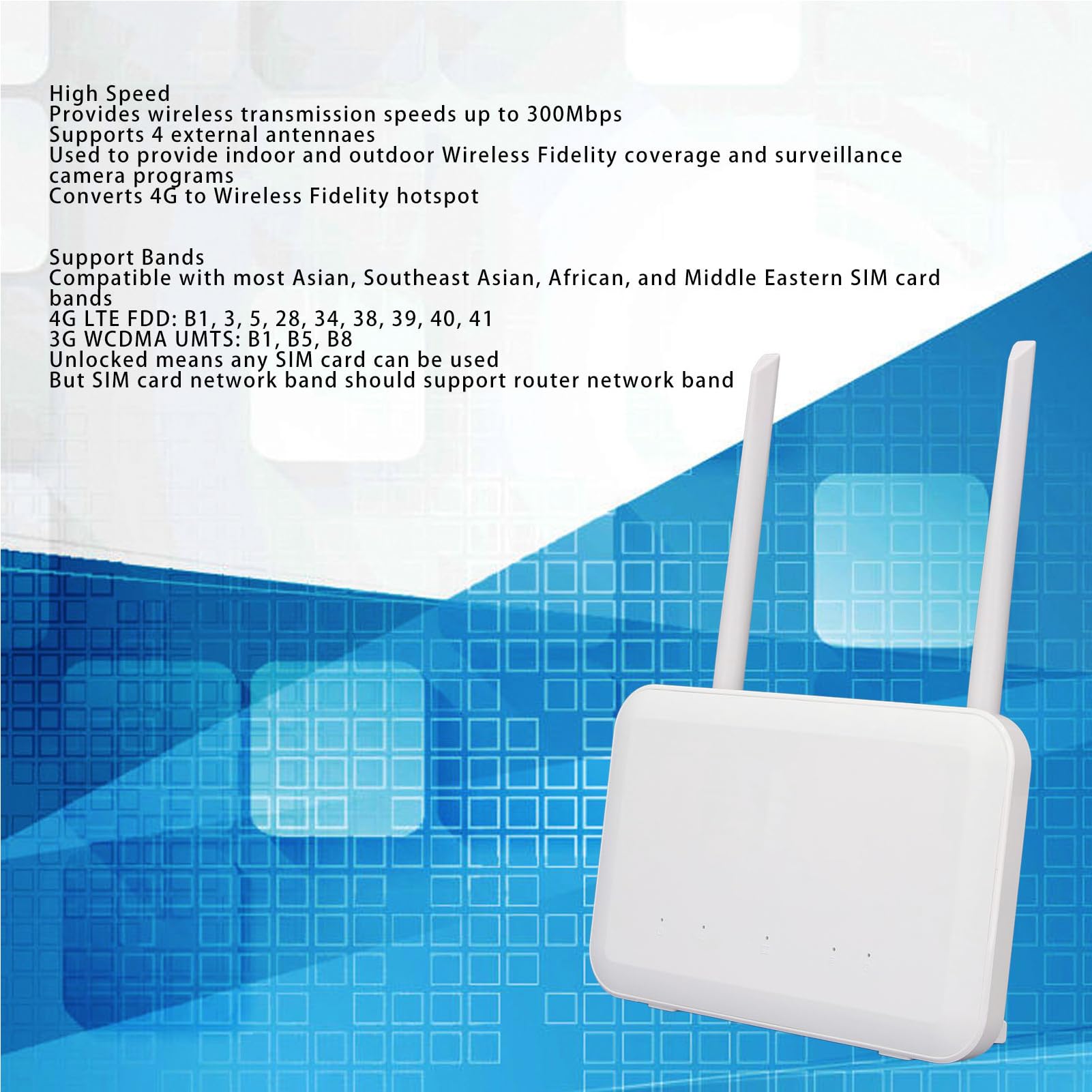 Router 4G 300Mbps con 4 Antenne, Slot per Scheda SIM Sbloccato, Porta LAN, 32 Utenti, per Casa, Ufficio, Esterno, Router CPE 4G 300Mbps (Spina europea)