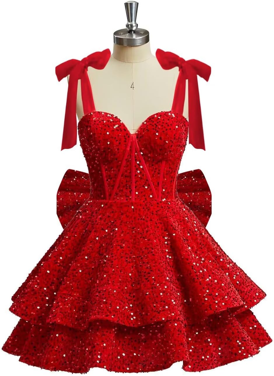 Sparkly Sequin Homecoming Dresses with Bow 2026 A Line Short Corset Formal Cocktail Gown - Image 4
