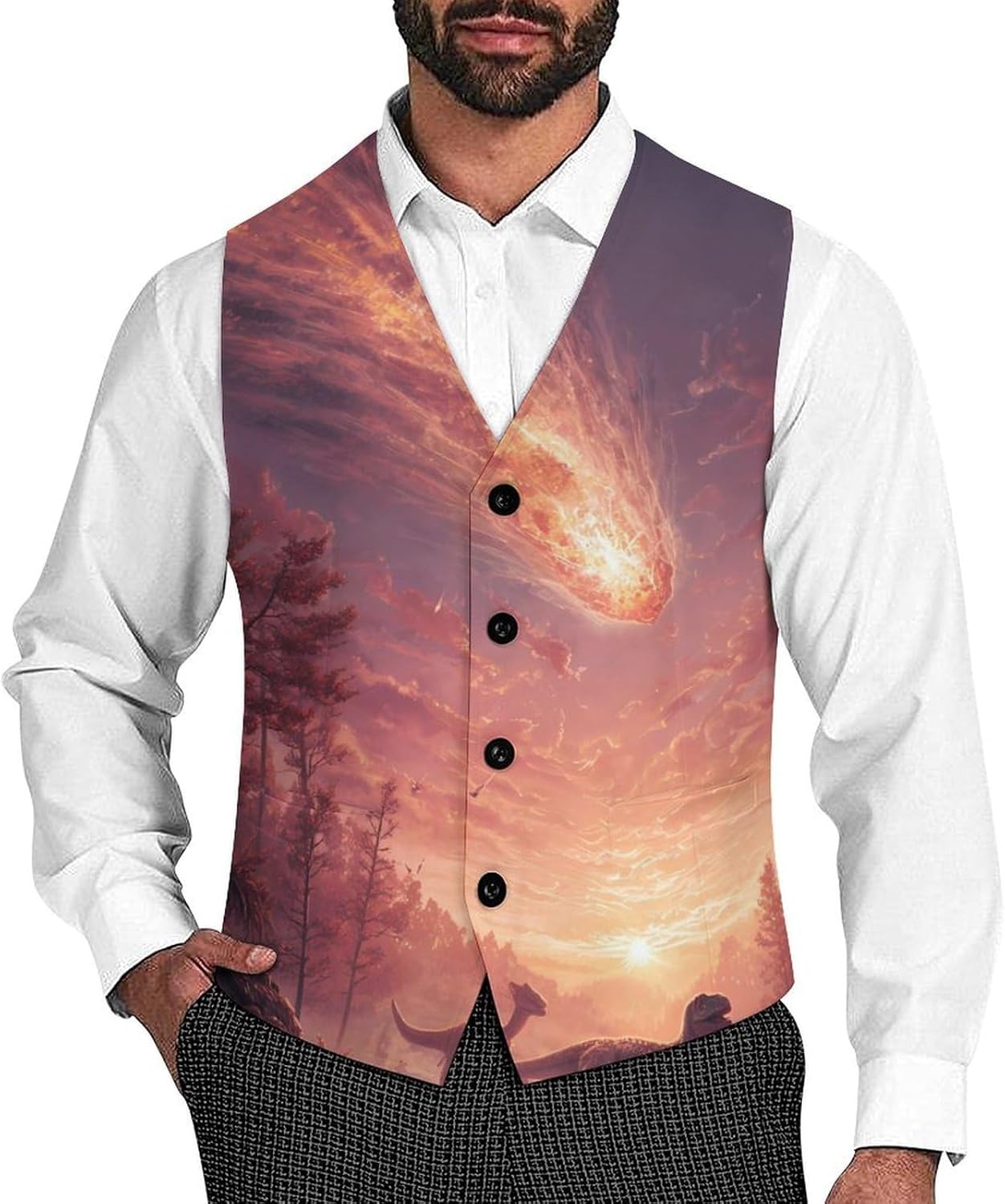 Planetary Impacting Fashion Suit Vest for Men Slim Fit Waistcoat Business Casual Dress Tuxedo