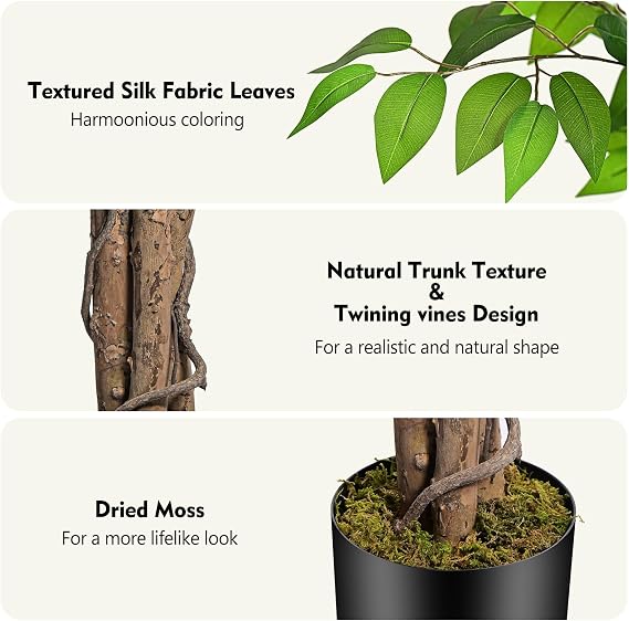 4ft Ficus Artificial Trees with Natural Curved Trunks, 120cm Tall Artificial Plants Tree for Indoor, Fake Ficus Tree Green Lifelike Home Decor
