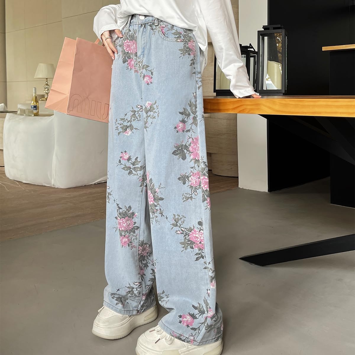 Casual Y2K Straight Leg High Waisted Jeans for Women Fashion Simplicity Cute Floral Printed Denim Pants - Image 6