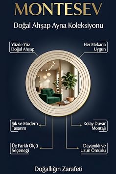 Antik Ahşap Traverten Dekoratif Ayna Banyo Lavabo Aynası Yuvarlak Ayna Duvar Aynası (30x43)