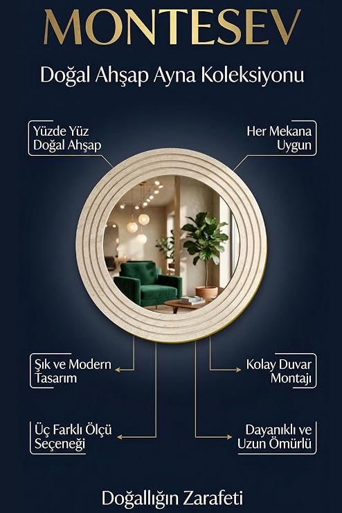 Antik Ahşap Traverten Dekoratif Ayna Banyo Lavabo Aynası Yuvarlak Ayna Duvar Aynası (30x43)