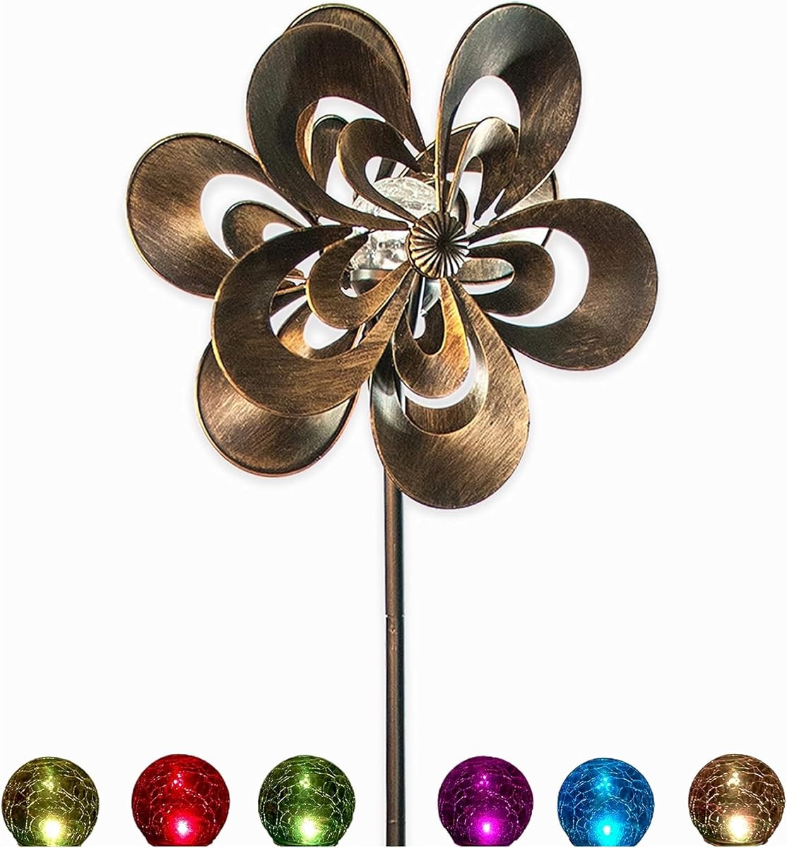 Wind Spinner - Garden Decor Spinners with Solar Powered Multi-Color LED Glass Ball Light - Dual Direction Kinetic Metal Copper Bronze Windspinners 6ft Tall Flower Sculptures for Outdoor