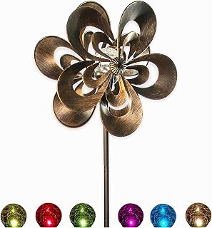 SteadyDoggie Wind Spinner - Garden Decor Spinners with Solar Powered Multi-Color LED Glass Ball Light - Dual Direction Kinetic Metal Copper Bronze Windspinners 6ft Tall Flower Sculptures for Outdoor