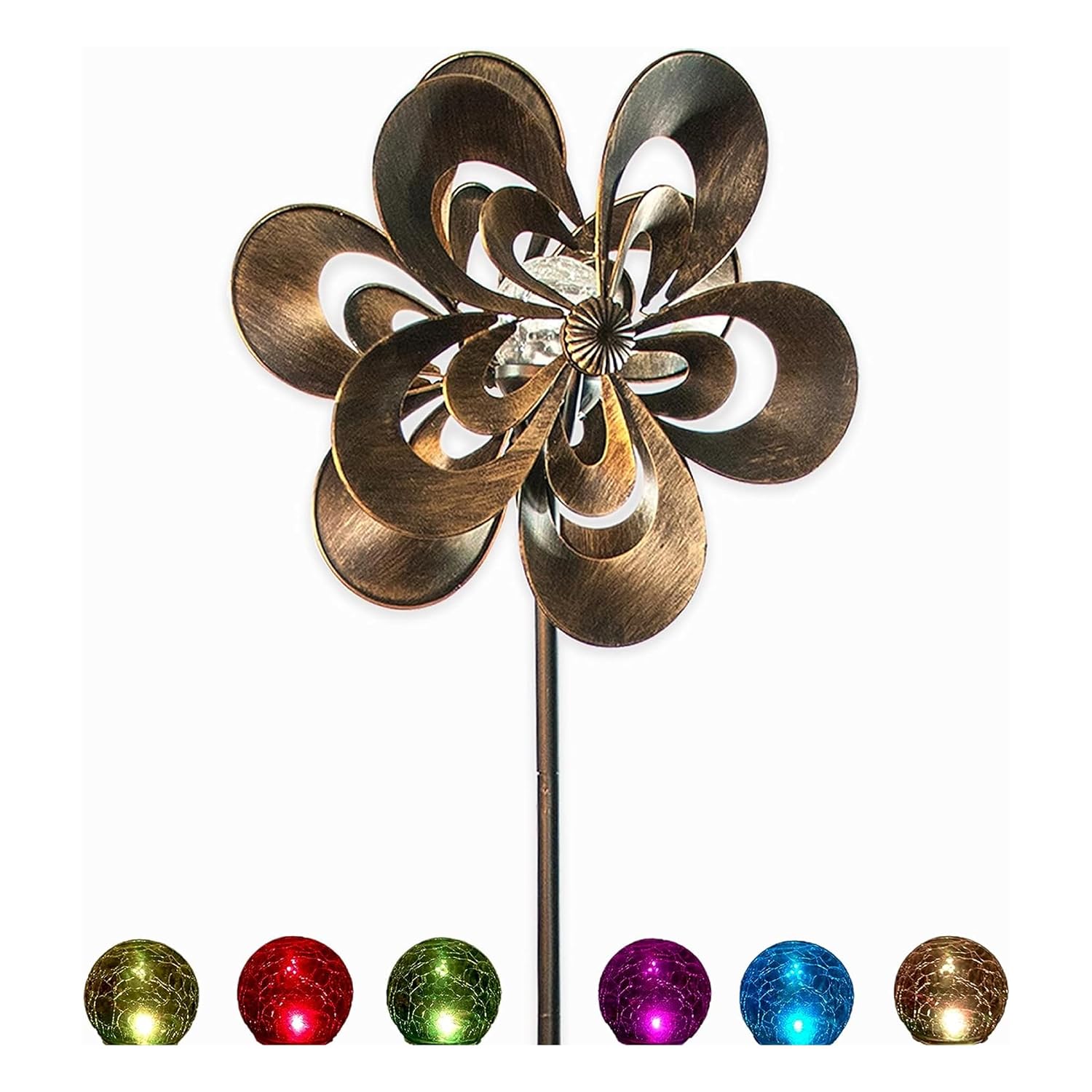 Wind Spinner - Garden Decor Spinners with Solar Powered Multi-Color LED Glass Ball Light - Dual Direction Kinetic Metal Copper Bronze Windspinners 6ft Tall Flower Sculptures for Outdoor