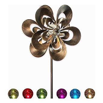 Wind Spinner - Garden Decor Spinners with Solar Powered Multi-Color LED Glass Ball Light - Dual Direction Kinetic Metal Copper Bronze Windspinners 6ft Tall Flower Sculptures for Outdoor