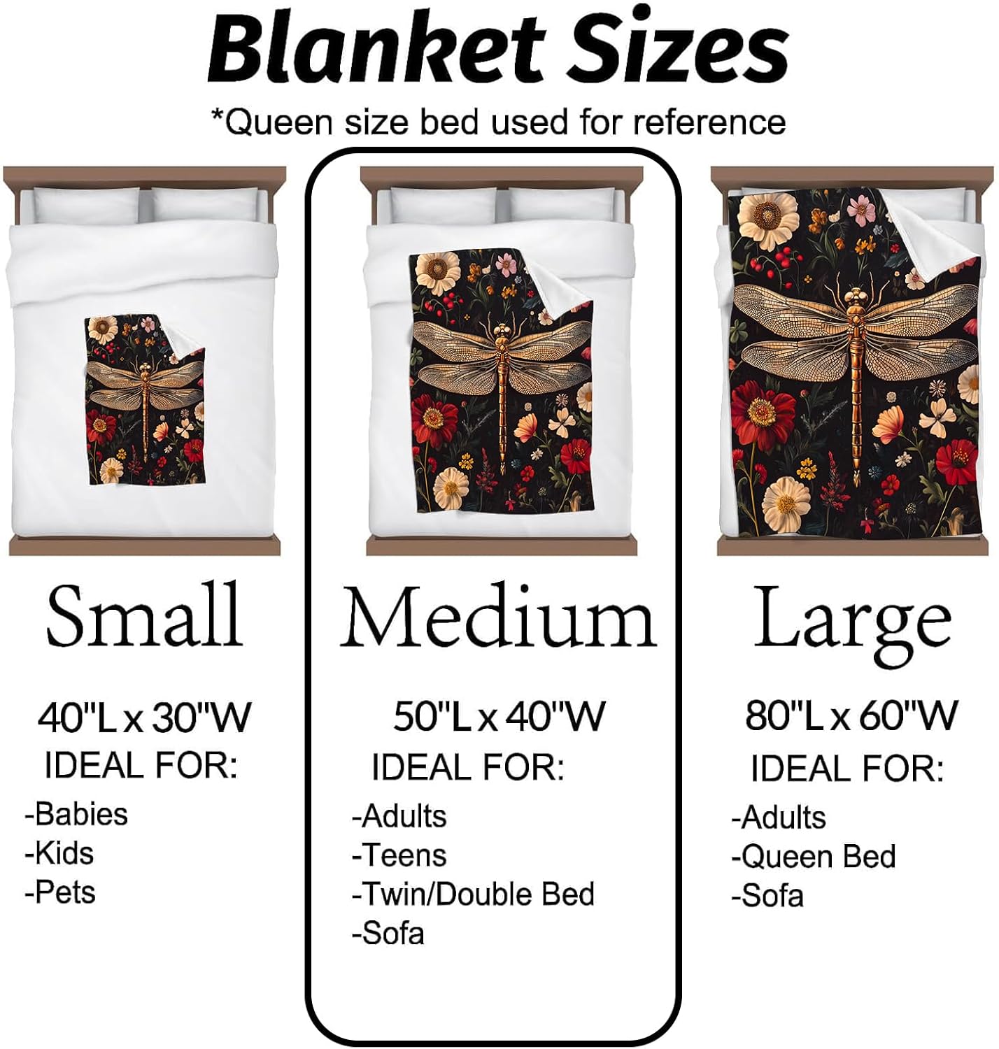 Dragonfly Blanket Golden Dragonflies and Flower Design on Black Background Throw Blankets Lightweight Flannel Throws for Couch Chair Bed Home Decor Gifts for Adults,80x60inch