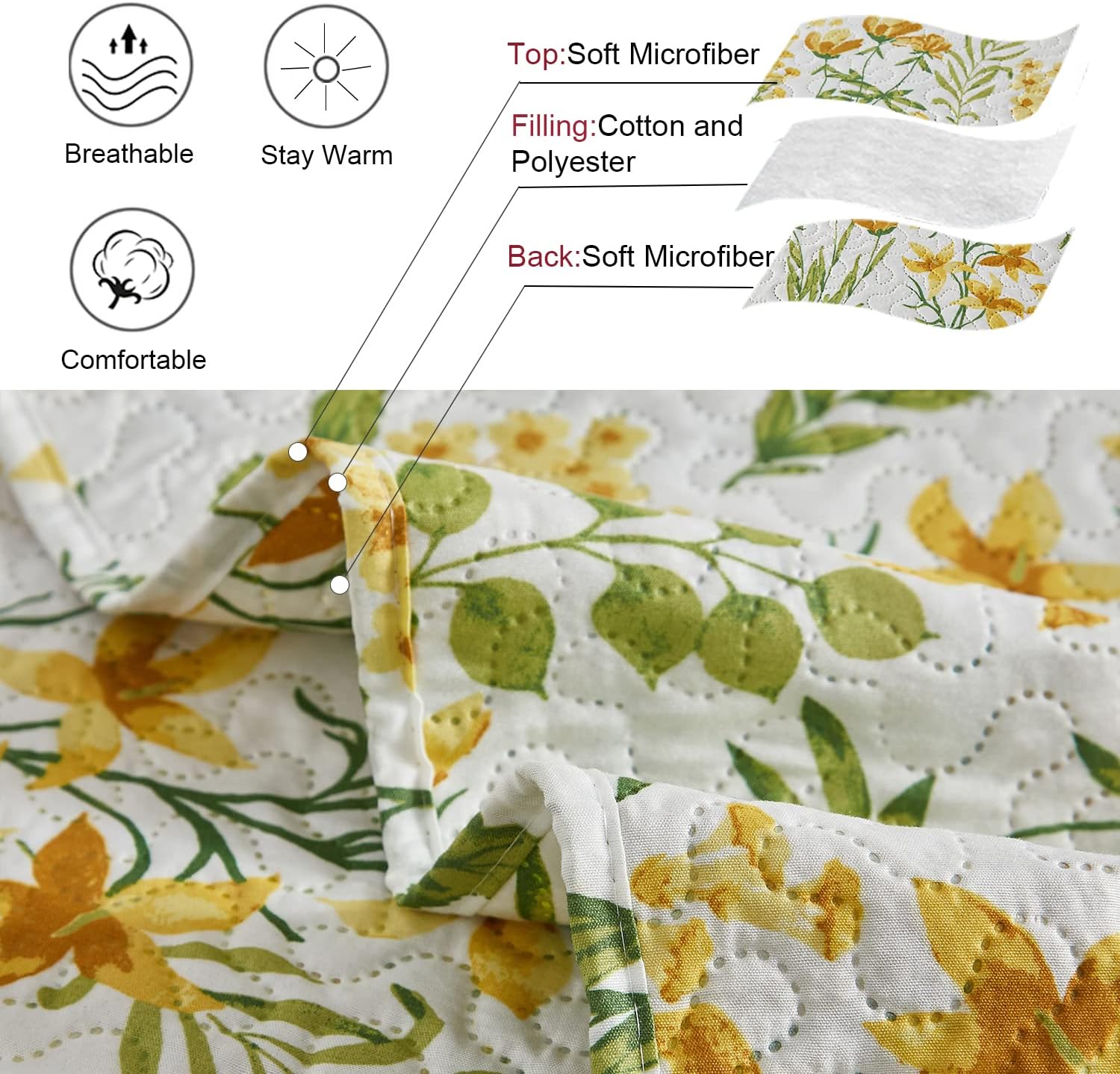 Floral Quilt Sets King Size Reversible Countryside Bedspread Coverlets Lightweight Yellow Flower Quilt Bedding Green Leaves Bed Covers Soft Home Collections,1 Quilt +2 Pillow Shams