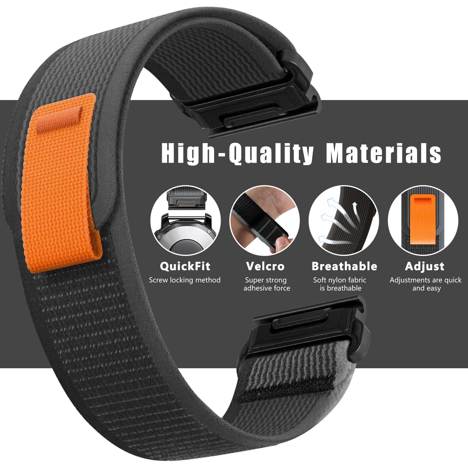 ZoRoll 22mm QuickFit Cinturino per Garmin Fenix E/Fenix 8 47mm/Fenix 7 Pro/Fenix 7/6 Pro/6/5/5 Plus, Elastico Nylon Cinghie di Ricambio per Garmin Tactix 8 47mm/Descent G2/Epix - Nero&Grigio