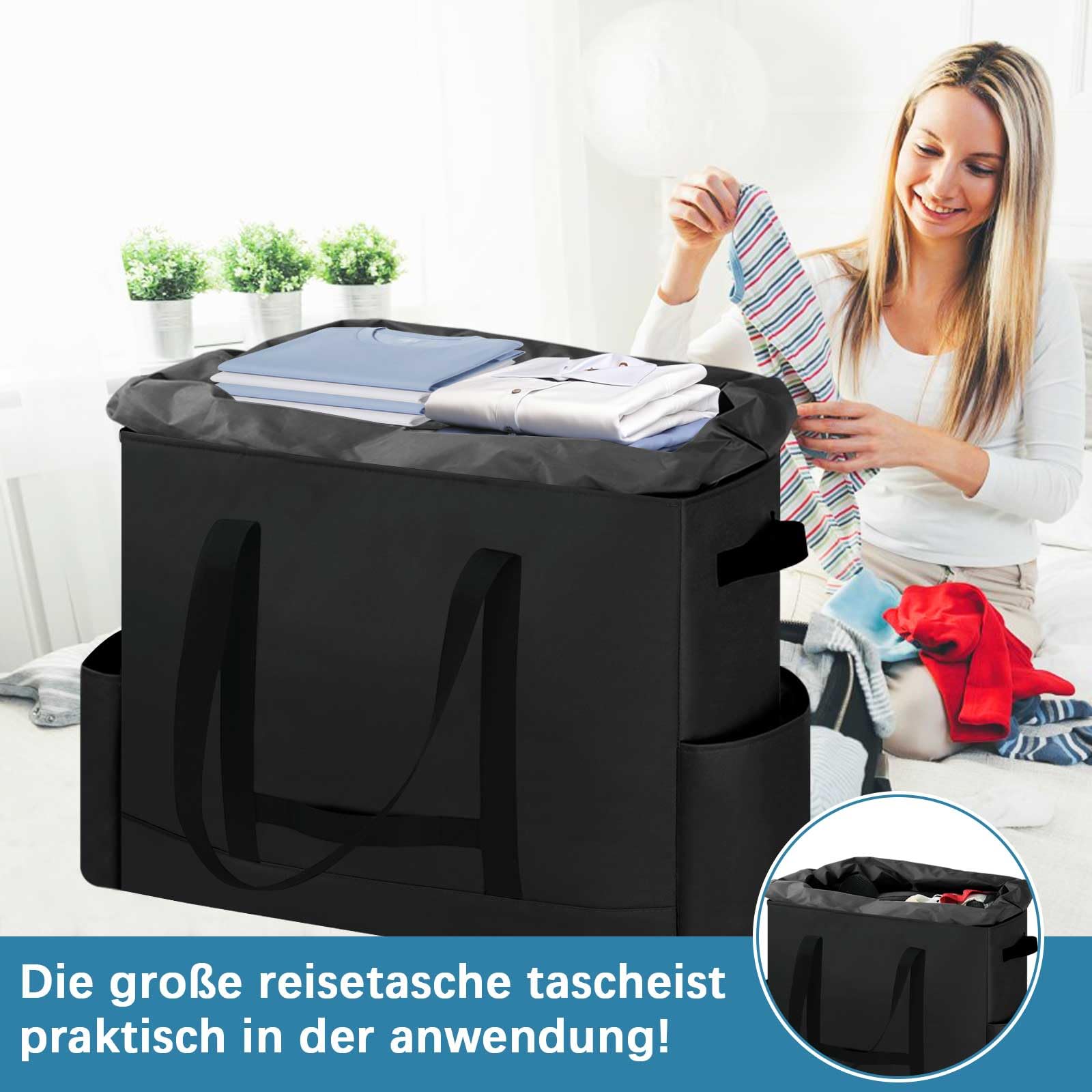 Extra Große Reisetasche, Erweiterbare Wasserdicht Transporttasche, Heavy Duty Tragetasche mit verstärkten Griffen, Faltbare Tote Bag für Reisen, Camping, Sport & Umzugskartons, 60x25.4x50cm