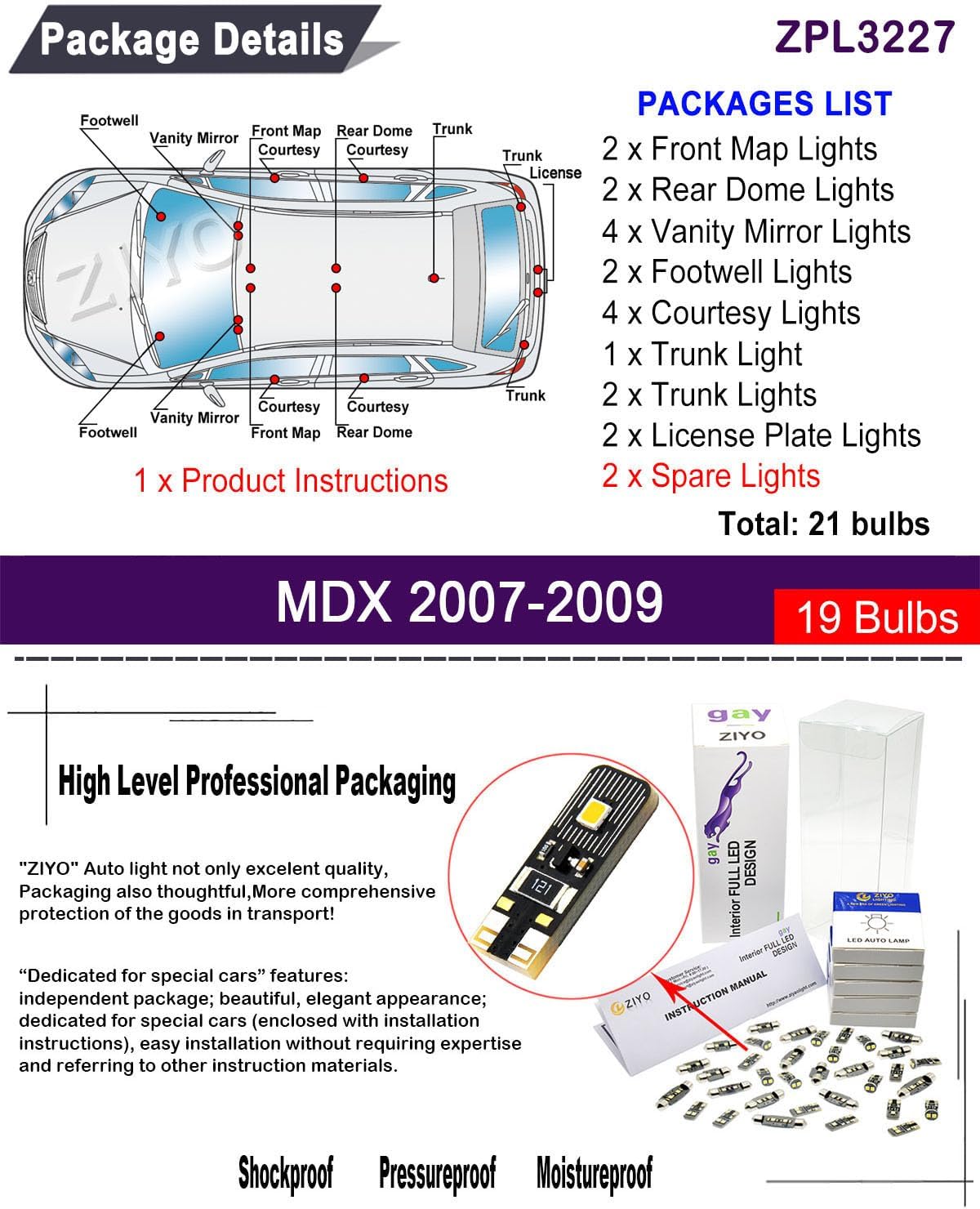 ZIYO ZPL3227 - (19 Bulbs) LED Interior Light Kit Replacement for Acura MDX 2007-2009 + License Plate Light Bulbs Package, White Dome Lights Upgrade