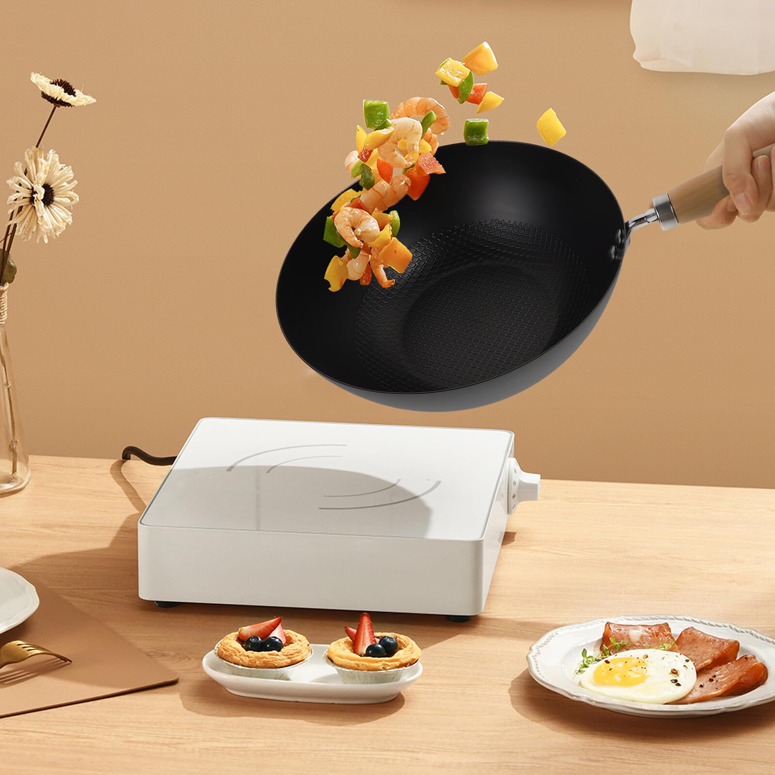 Generico Padella Wok in Ferro Battuto 24 CM senza Coperchio Wok Piccolo per Fornelli a Gas Accessorio Cucina Quotidiano Impugnatura Ergonomica per Uso Domestico