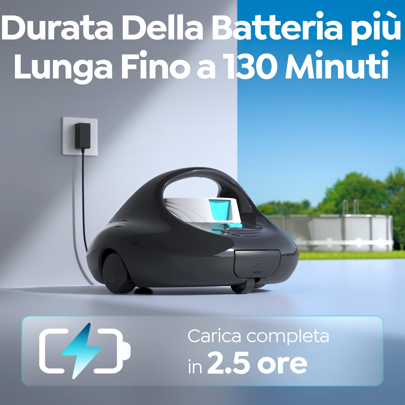 2026 Robot Pulitore per Piscine, Ricarica 2.5H con 130 Minuti Autonomia, Doppio Motore Trazione Potente, Copertura 80 m²（Nero）