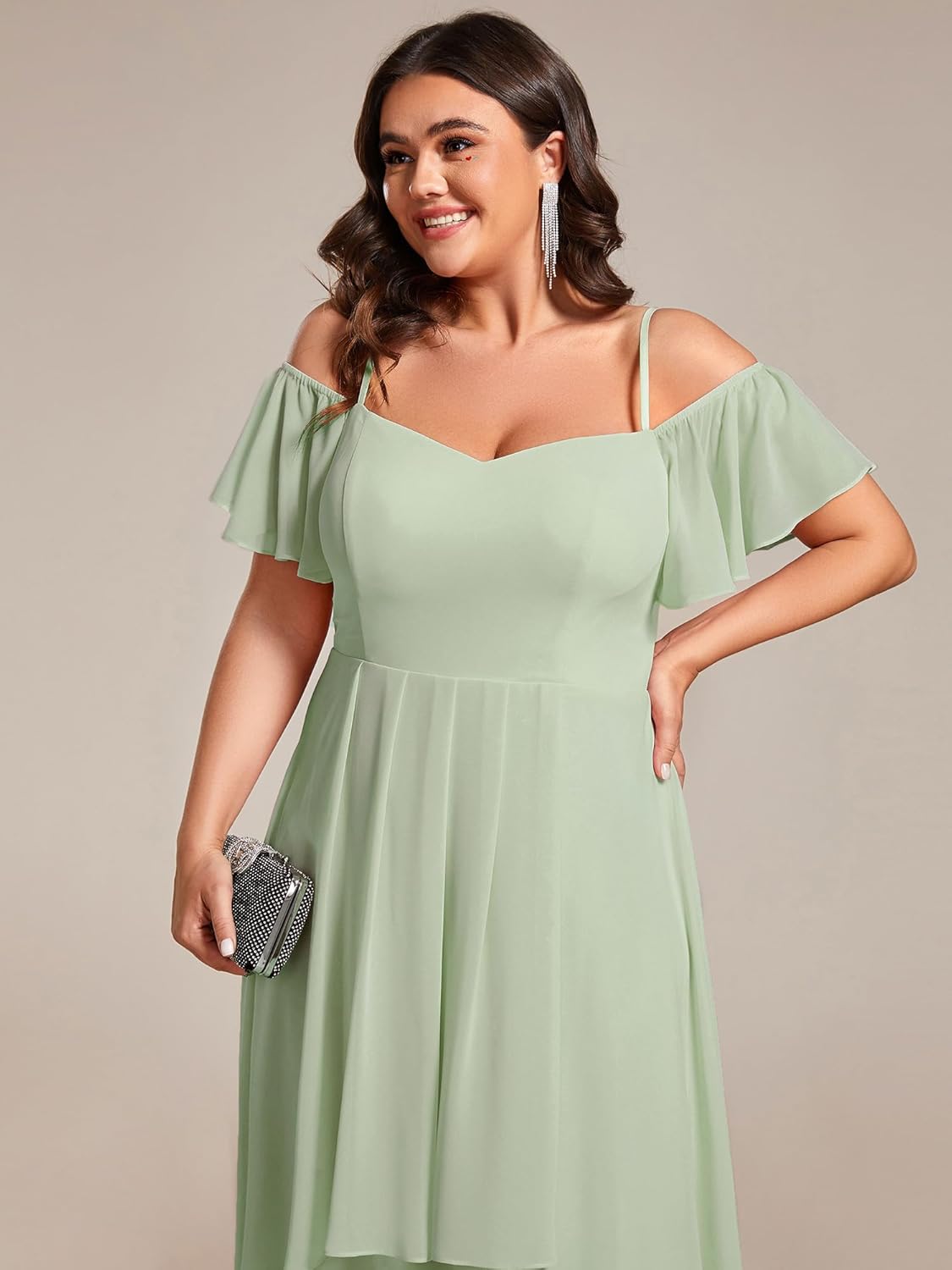Ever-Pretty Women's Plus Size Ruffle Sleeves Off Shoulder Empire Waist A Line Chiffon Wedding Guest Dress 02103-DA