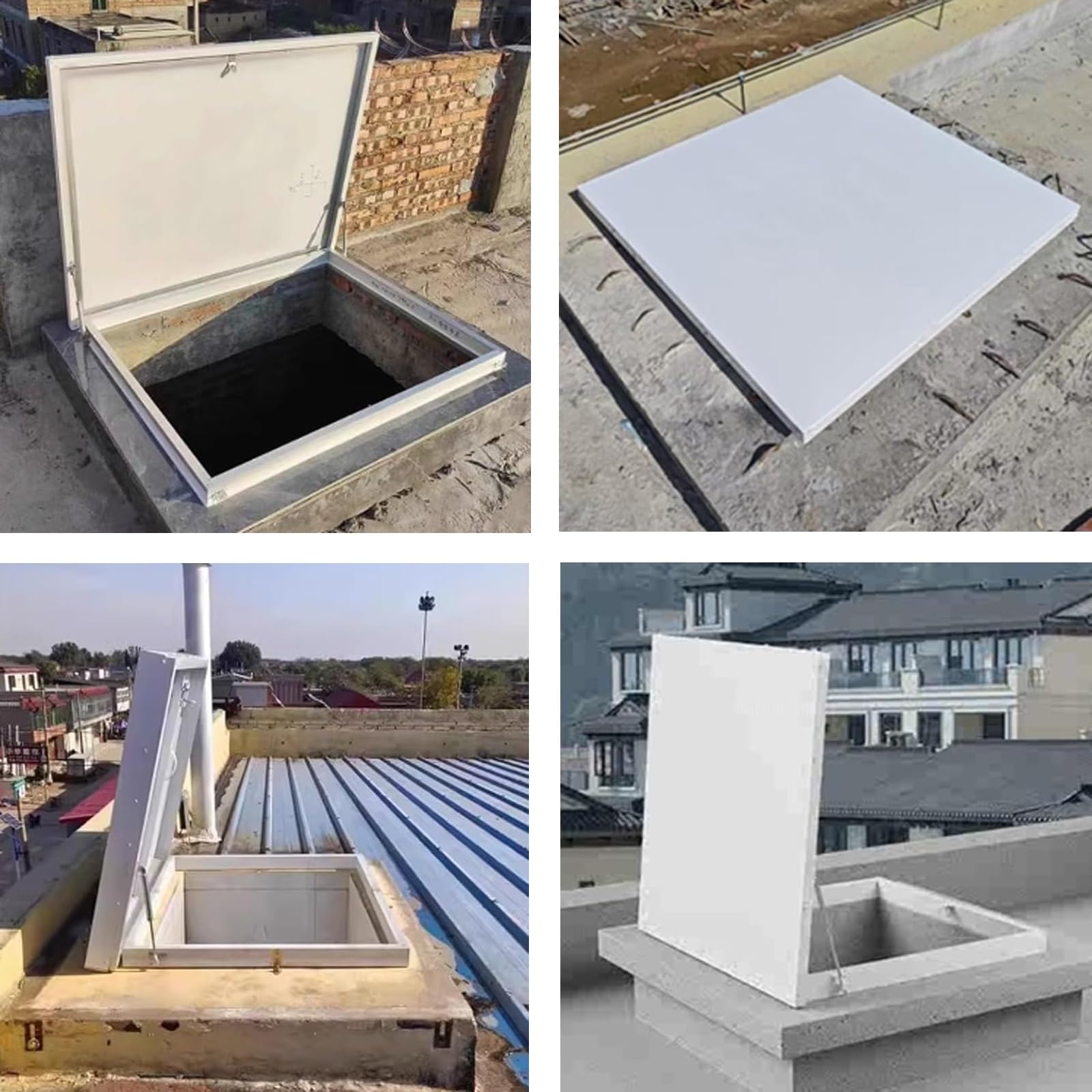 Biała osłona luku dachowego – ocynkowane drzwi wejściowe do piwnicy z ramą ze stopu aluminium, hydrauliczna dźwignia i uchwyt, 55 x 70 cm, pokrywa szybu dachowego dla łatwego dostępu do piwnicy