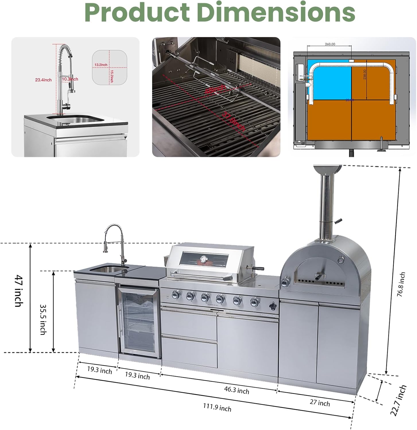 112-Inch Stainless Steel Outdoor Kitchen Island, Natural Gas BBQ Grill with Standalone Side Burner Pizza Oven, Rotisserie, Refrigerator, Granite Countertop, Storage Cabinets & Drawers 108000 BTU