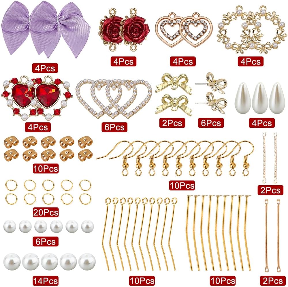 SUNNYCLUE 1 Box 8 Pairs Valentine's Day Rose Charms Baroque Love Charm Earring Making Starter Kit Alloy Red Flowers Rose Pearls Heart Charms for Jewelry Making Kits Art Craft Supplies Adult Beginner