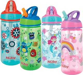Nuby 2 Pack Iridescent Flip-it Kids On-The-Go Printed Water Bottle with Bite Proof Hard Straw - 18oz / 540 ml, 18+ Months, 2 pk Prints May Vary