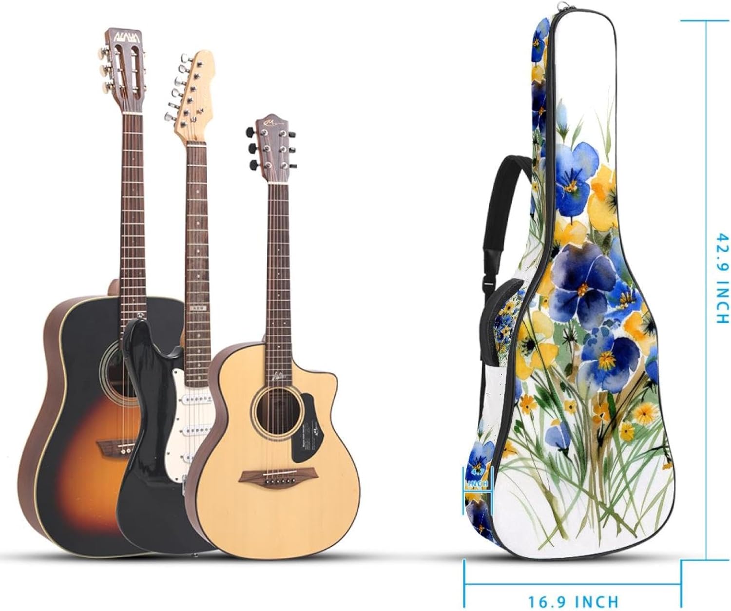 Acoustic Guitar Bag, 40 41 42 Inch Guitar Case Cover Soft Guitar Gig Bag for Acoustic Electric Bass Classical Guitar, Blue and Yellow Wildflowers