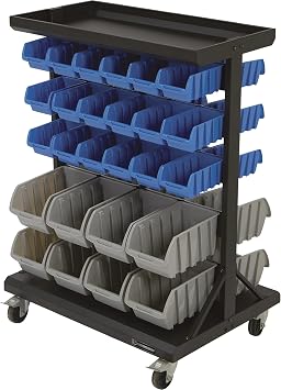 Strongway 52-Bin Double-Sided Rolling Bin Rack | Quick-access small-parts organization, mobile shop layout, aisle-side visibility, garage/workshop use, durable steel frame