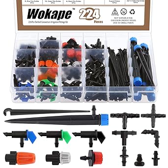 Wokape 240Pcs Drip Irrigation Kit Garden Watering System, Auto Micro Barbed Connectors Irrigation Fittings Kit for Pot Garden Lawn