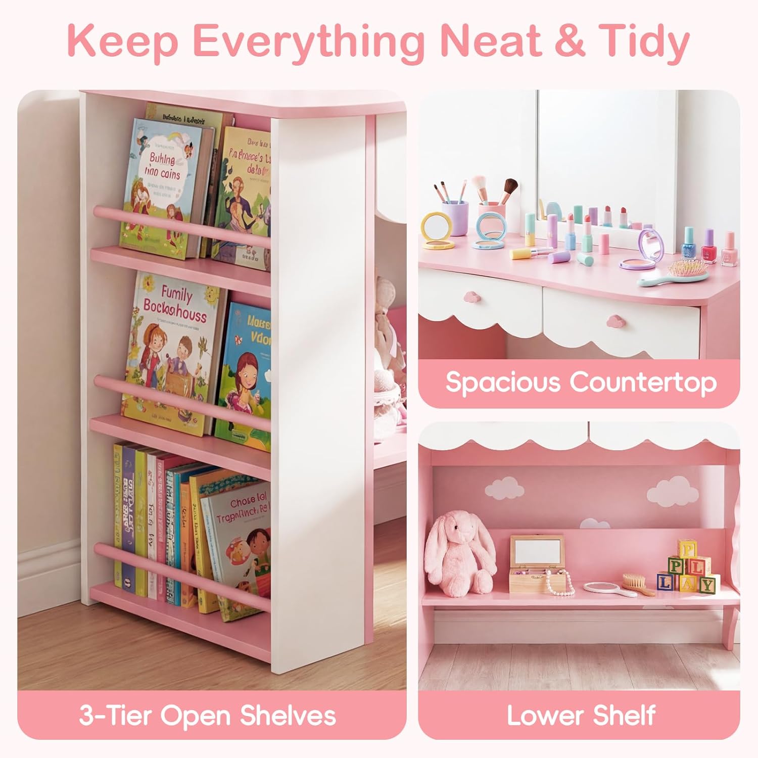 Olakids Kids Vanity, Princess Makeup Desk with Mirror Open Shelves Storage Drawers, Toddler Table and Chair Set for Girls Aged 3+ (Cloud Pink)