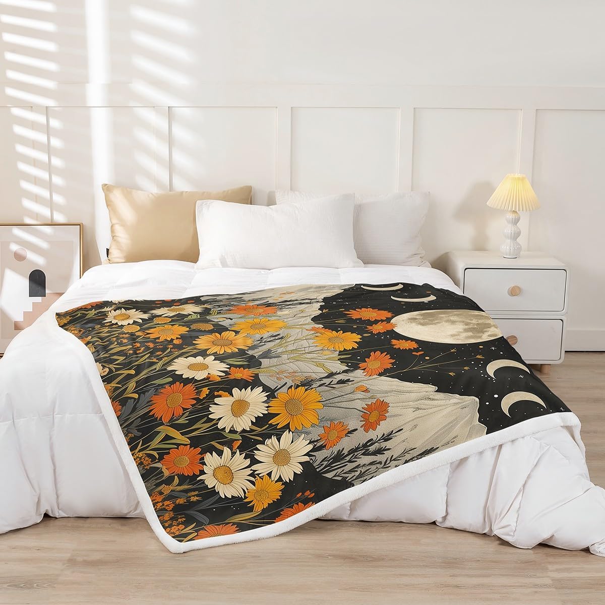 Rustic Daisy Bed Blanket,Natural Moon Sky Starry Glitter Trippy Flannel Blanket for Room Decor,Jungle Mount Blooming Flowers Aesthetic Fleece Blanket for Kids Adults,Super Soft,Twin 60"x80" image 2