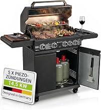 Juskys BBQ Gasgrill Savannah - 4 Brenner und 1 Seitenbrenner - XXL Stahl Gas Grill mit Gusseisen Grillrost, Kochfeld, Unterschrank für Gasflasche