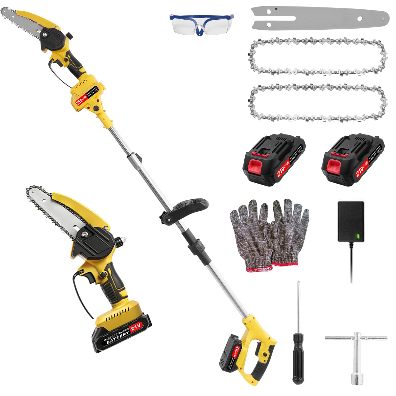 Viugreum 2-en-1 Mini Motosierra y Cortasetos a Batería, con 2 * 2000mAh Baterías, Motosierra Electrica con Pértiga Telescópica, Vástago Telescópico 1.5-1.72m, Sierra Cadena, Corte Madera & Poda Ramas