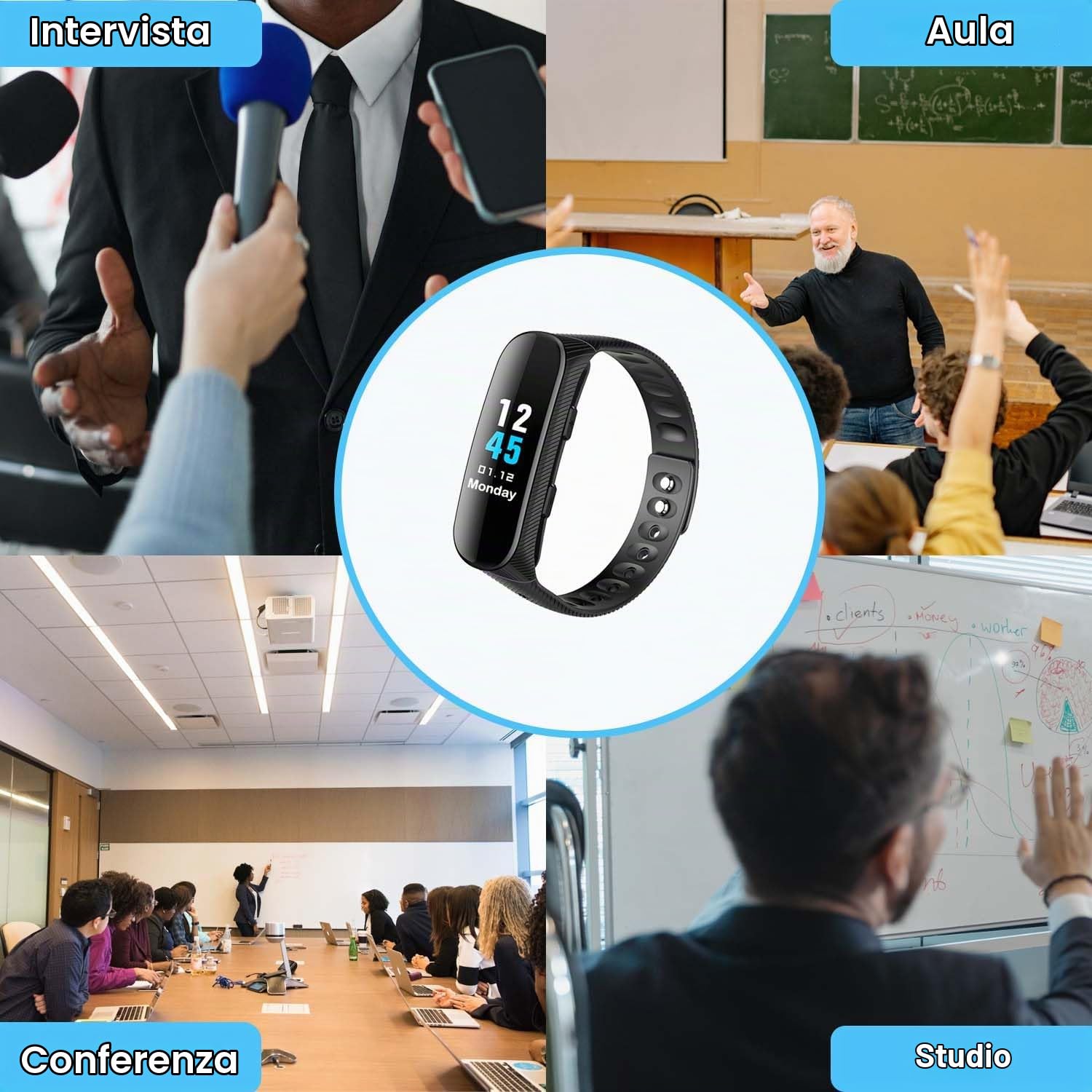 Registratore Vocale Bracciale 16GB Registratore Vocale Professionale con Attivazione Vocale e Lettore MP3 Orologio con Registratore Vocale Ricaricabile USB per Riunioni Interviste Lezioni