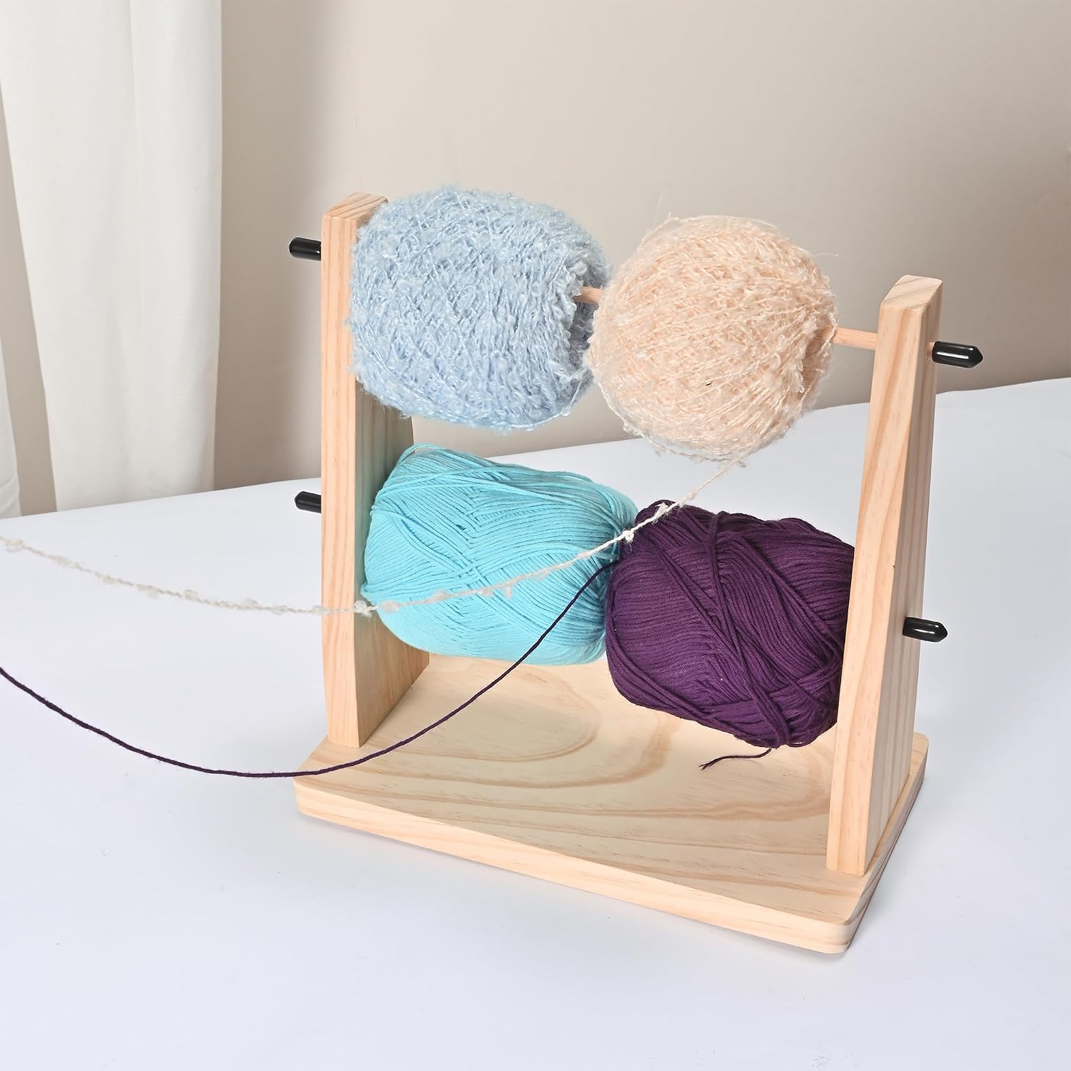 Sparkle Race Wooden Yarn Holder, Double Revolving Storage for Knitting & Crochet Supplies, Horizontal Wood Ball Holder With 12 Bamboo Hooks