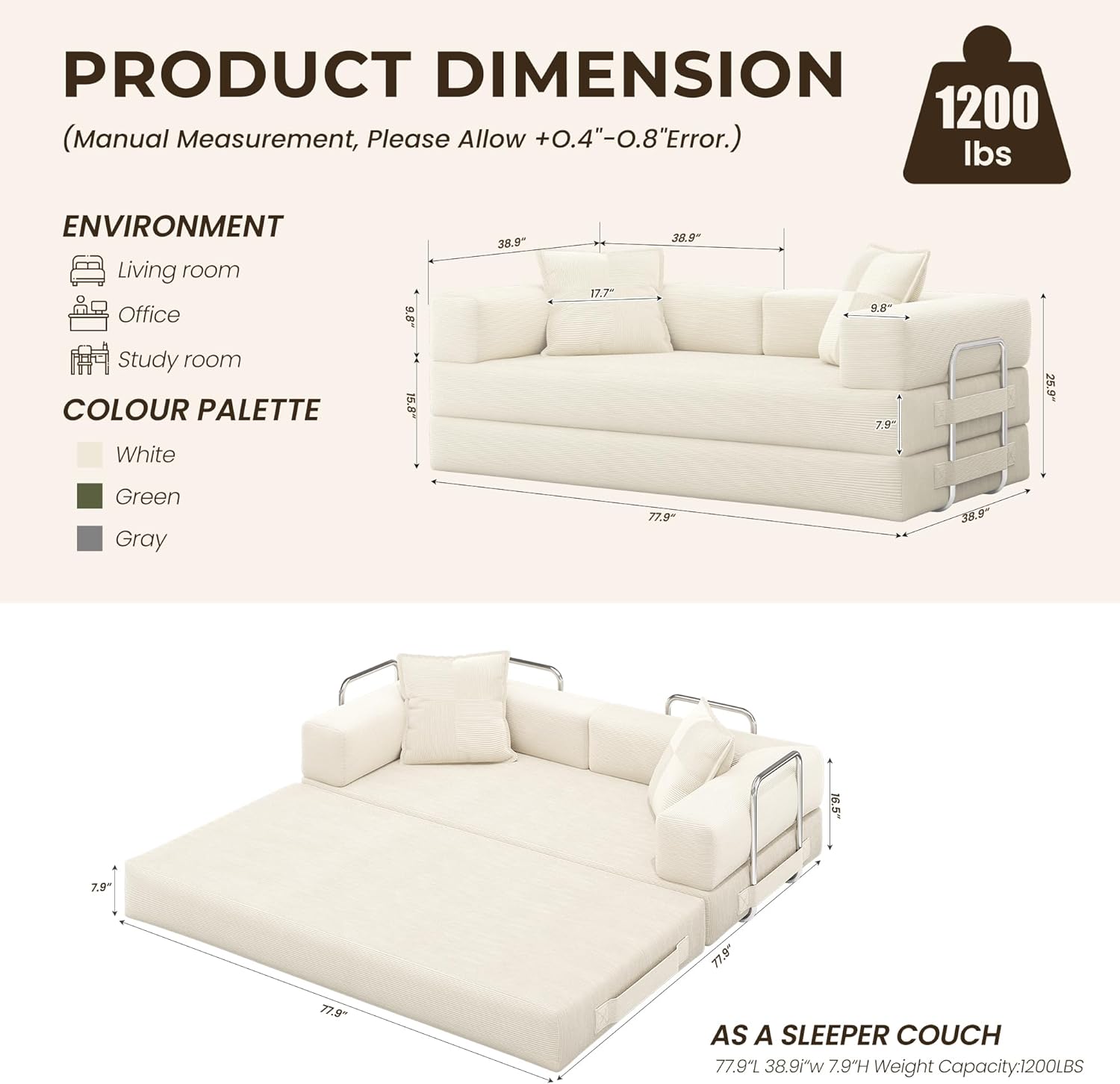 GRUSIGN 78 Inch Convertible Sofa Bed, 5-in-1 Futon Sofa Bed Pull Out Couch, Boneless Couch Bed for Living Room, Corduroy Boneless Couches for Bedroom, Apartment, No Assembly Sleeper Sofa Bed, Beige | 4 Fixed-Shape Frame, Removable Corduroy, High-density foam, With 2 pillow, Tool-Free Assembly