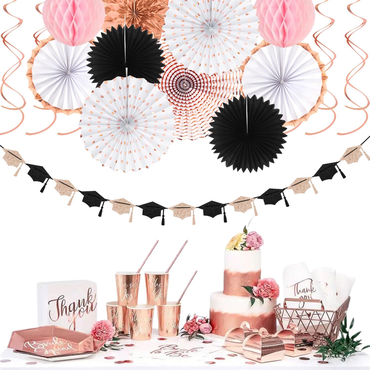 Rose-Gold Pink Black 2026 Graduation Party-Decorations - 18pcs Kit Congratulations Grad Banner-Streamers,She Believed She Could So She Did Garland,Paper Tissue Pom Poms Fan,Honeycomb Lanterns Panduola