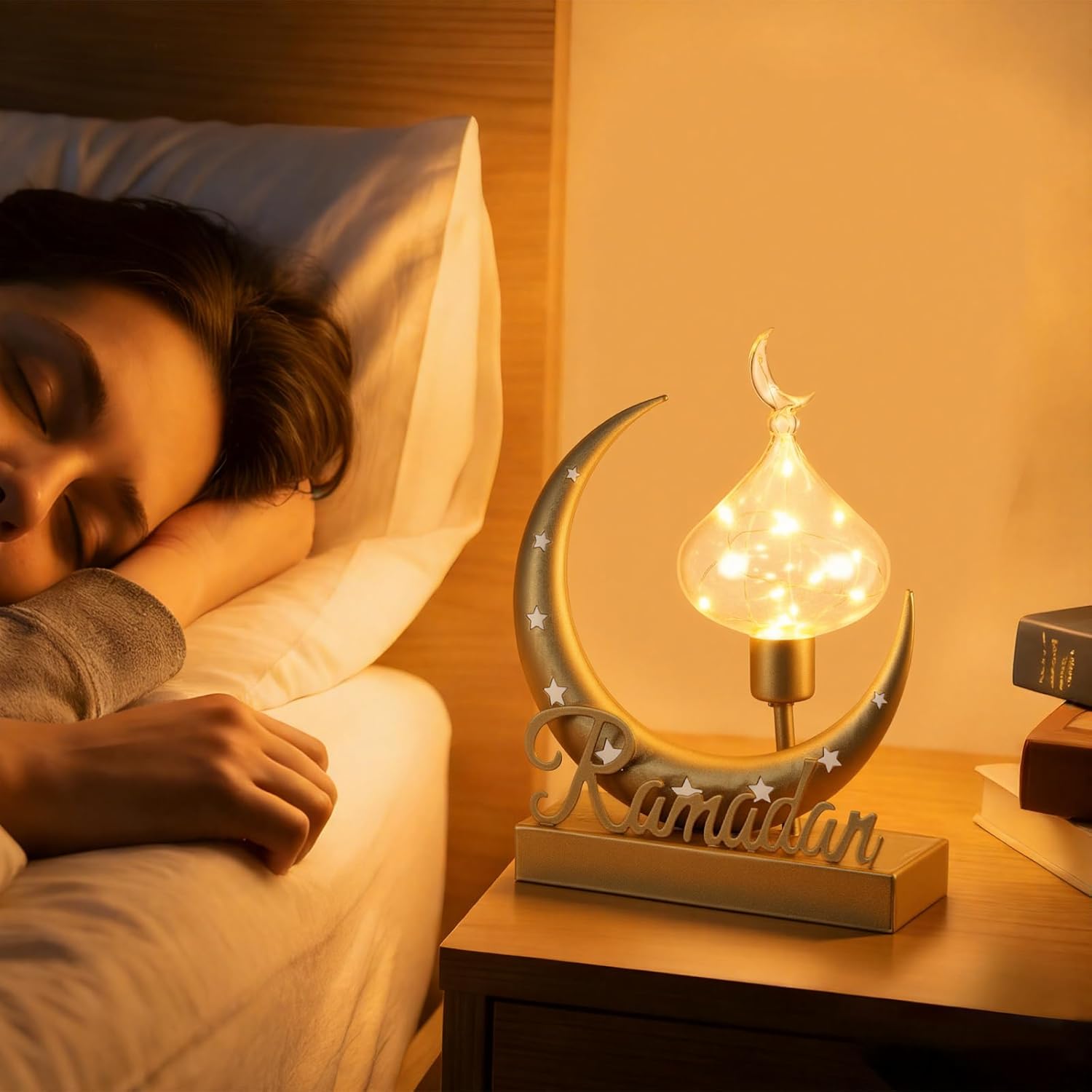 VIHOSE Ramadan Light Decoration for Home Eid Mubarak Moon Star LED Table Lamp Decorative Moon Star Patterned Hollow Out Boho Lamp for Muslim Party Bedrooms Nightstand
