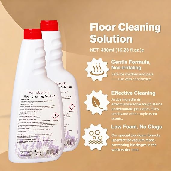 Floor Cleaning Solution, 480ml 3 bottles, Lavender Scent, 1:300 Concentrate, Compatible with all Roborock robotic vacuums and Dyad wet/dry vacuums, Streak-Free, Quick-Drying, Floor Safe