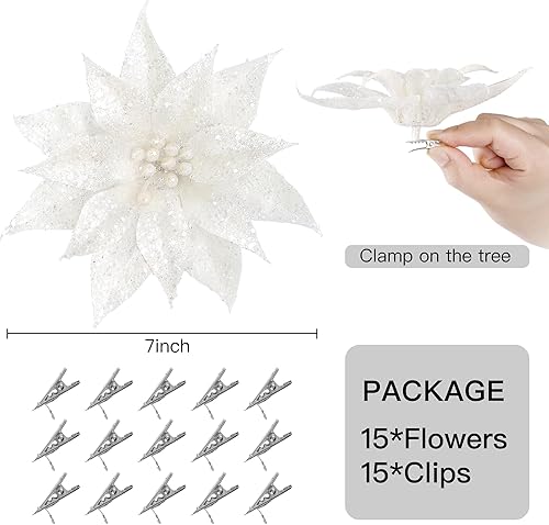 Vista 7 de Sggvecsy 15 Pcs Christmas Glitter Flowers Christmas Tree Ornaments Shining Artificial Poinsettia Christmas Flowers Decoration with Clips for Xmas