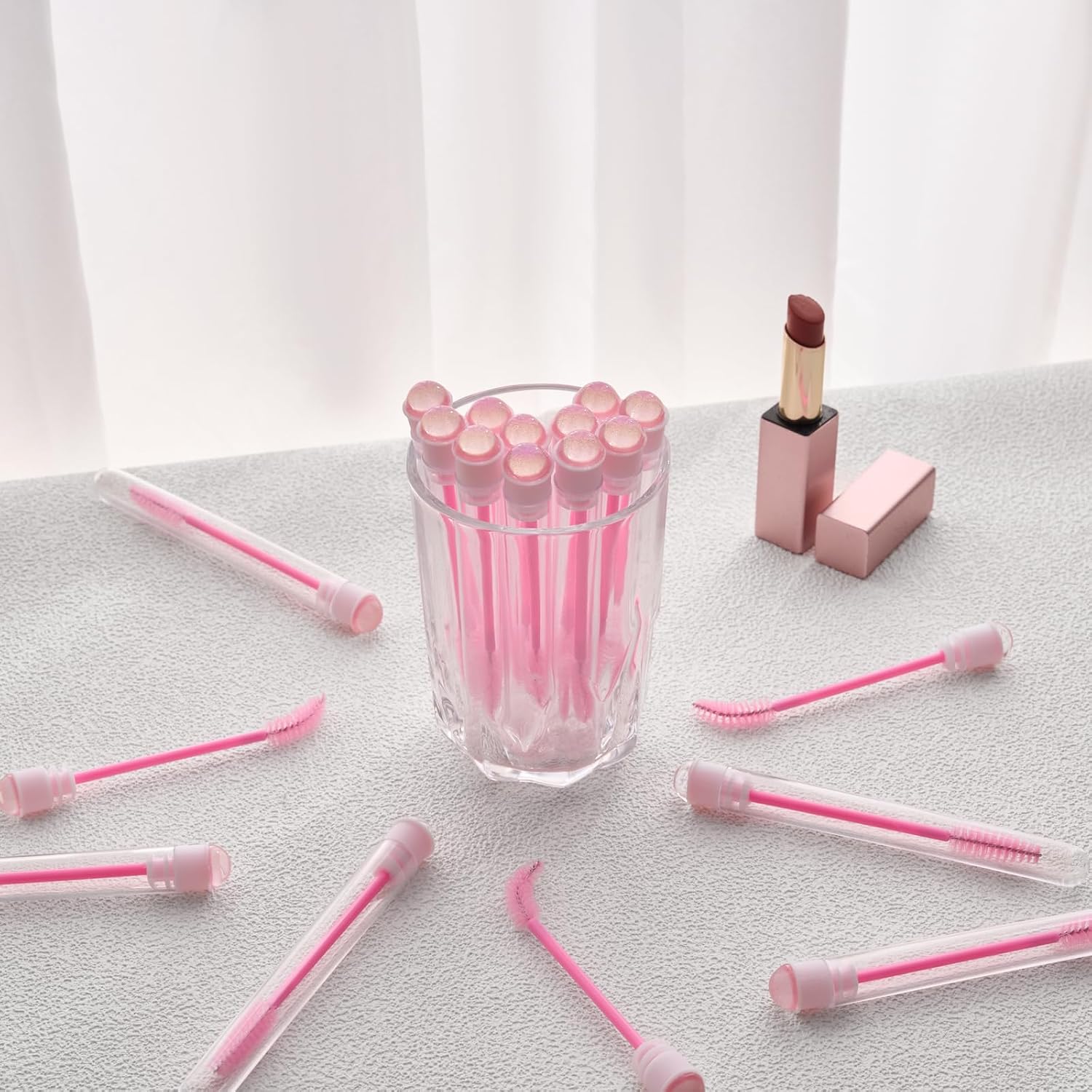 Upgrade 48 Pieces Disposable Mascara Wands Set, Include 24 Pcs Cute Crystal Lash Spoolies Brush and 24 Pcs Reusable Keychain Empty Eyelash Brush Tubes