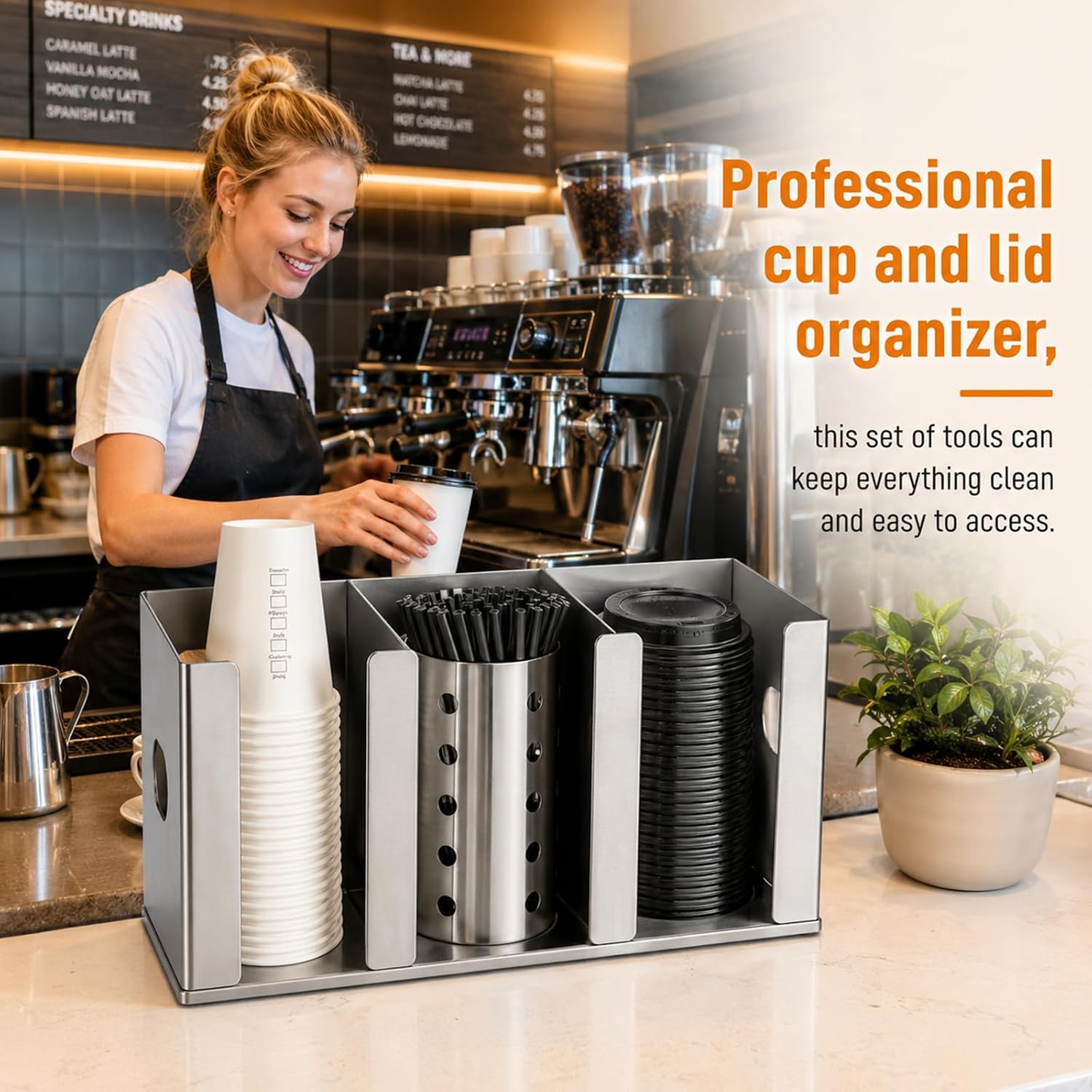 Stainless Steel Cup Dispenser, 3 Compartments Cup Holder and Lid Holder with Adjustable Dividers, Cup Organizer, Straw Holder for Kitchen Cabinets Cafe Shop Restaurant, 14.6"x 4.3"x6.7"