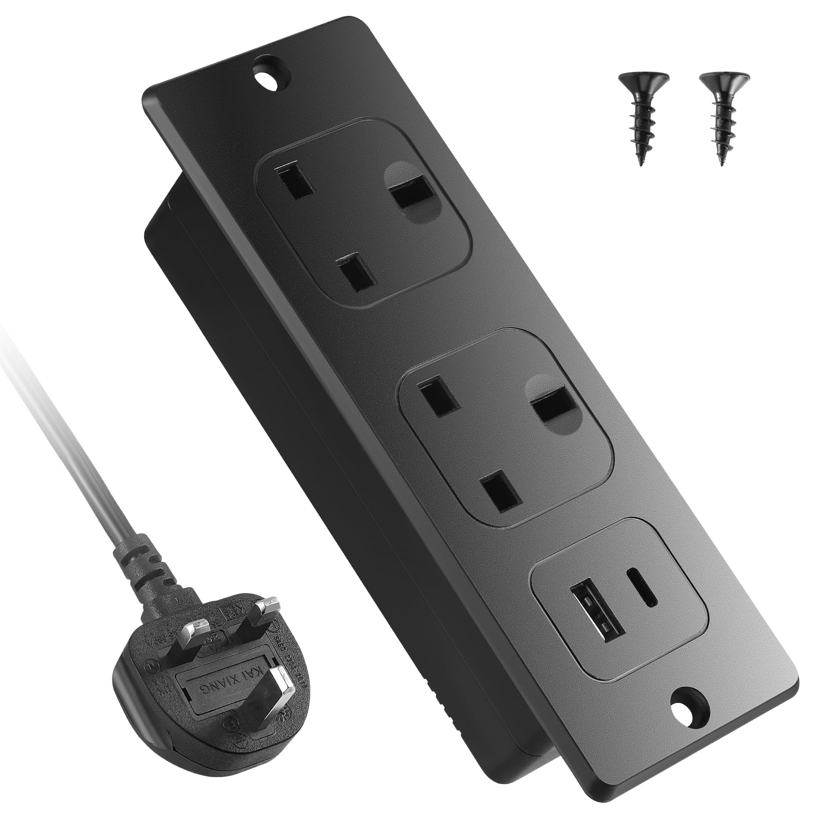 Recessed Power Strip with USB C PD20W, Built-in Power Outlet 2 Socket 2 USB Ports, Flush Mount Extension Lead for Desk Table Furniture, 2M/6.6FT Cable – UK Plug
