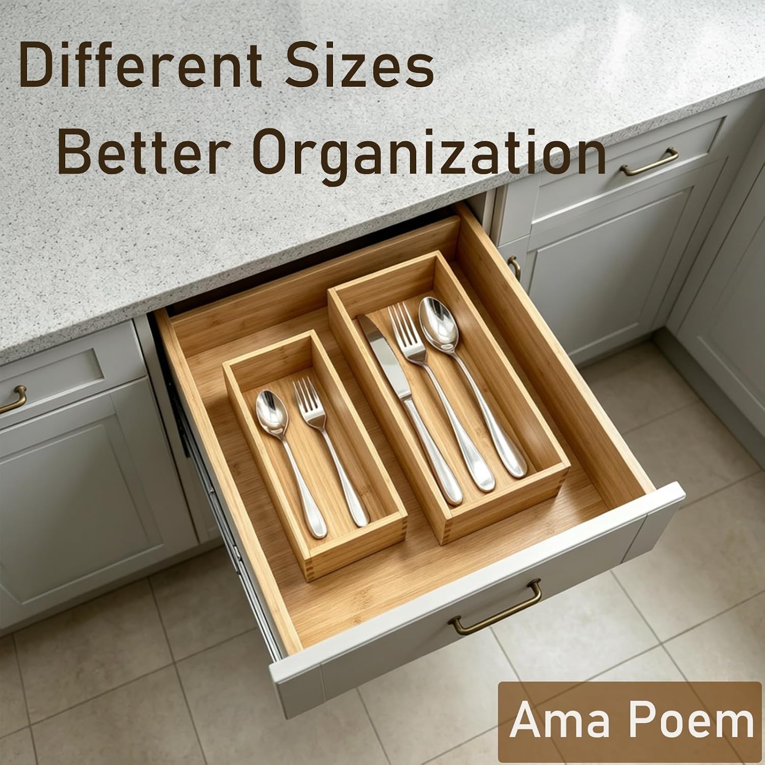 2-Piece Bamboo Drawer Organizer Set, 3 Inch Deep Kitchen Organizer | Stackable Modular Bamboo Organizer for Utensils, Silverware, Flatware, Kitchen, Bathroom, Office & Pantry