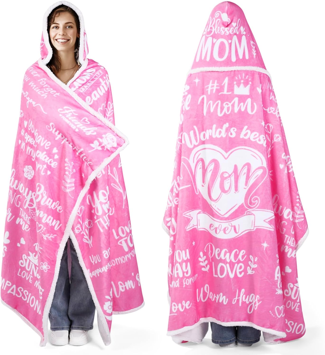Christmas Best Mama Mom Gift Ever Fleece Hooded Blanket Hoodie for Mother in Law Wife from Son Daughter Husband(Pink)