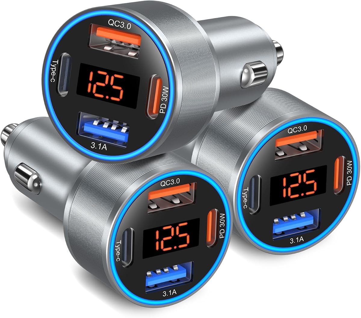 USB C Car Charger 3 Pack, Bangfun 65W Super Fast Charging Car Phone Charger | Dual USB-A & USBC Cargador Carro Car Cigarette Lighter Adapter with Volt Meter Display for iPhone,Samsung,Tablet,Android-Gray