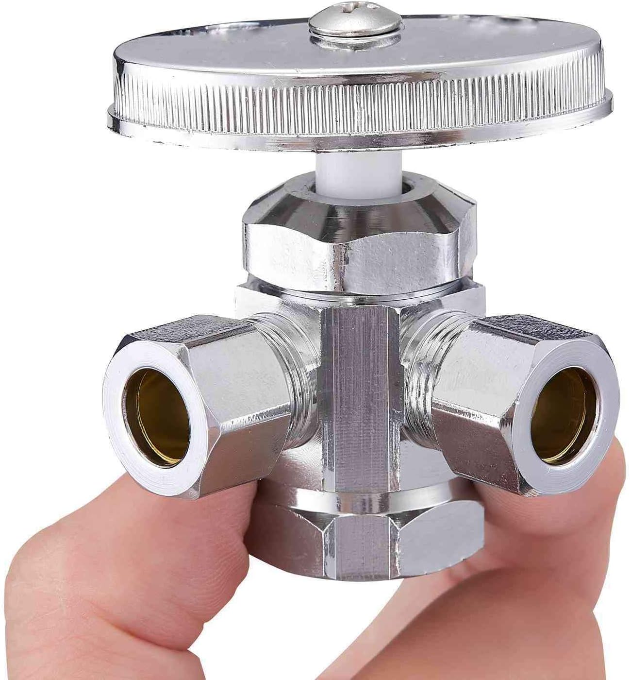 Chrome Plated Heavy Duty Brass 3-way 360 Angle Stop Valve, 1/2"FIP Inlet x 3/8"OD Compression x 3/8"OD Compression Dual Outlet Valve