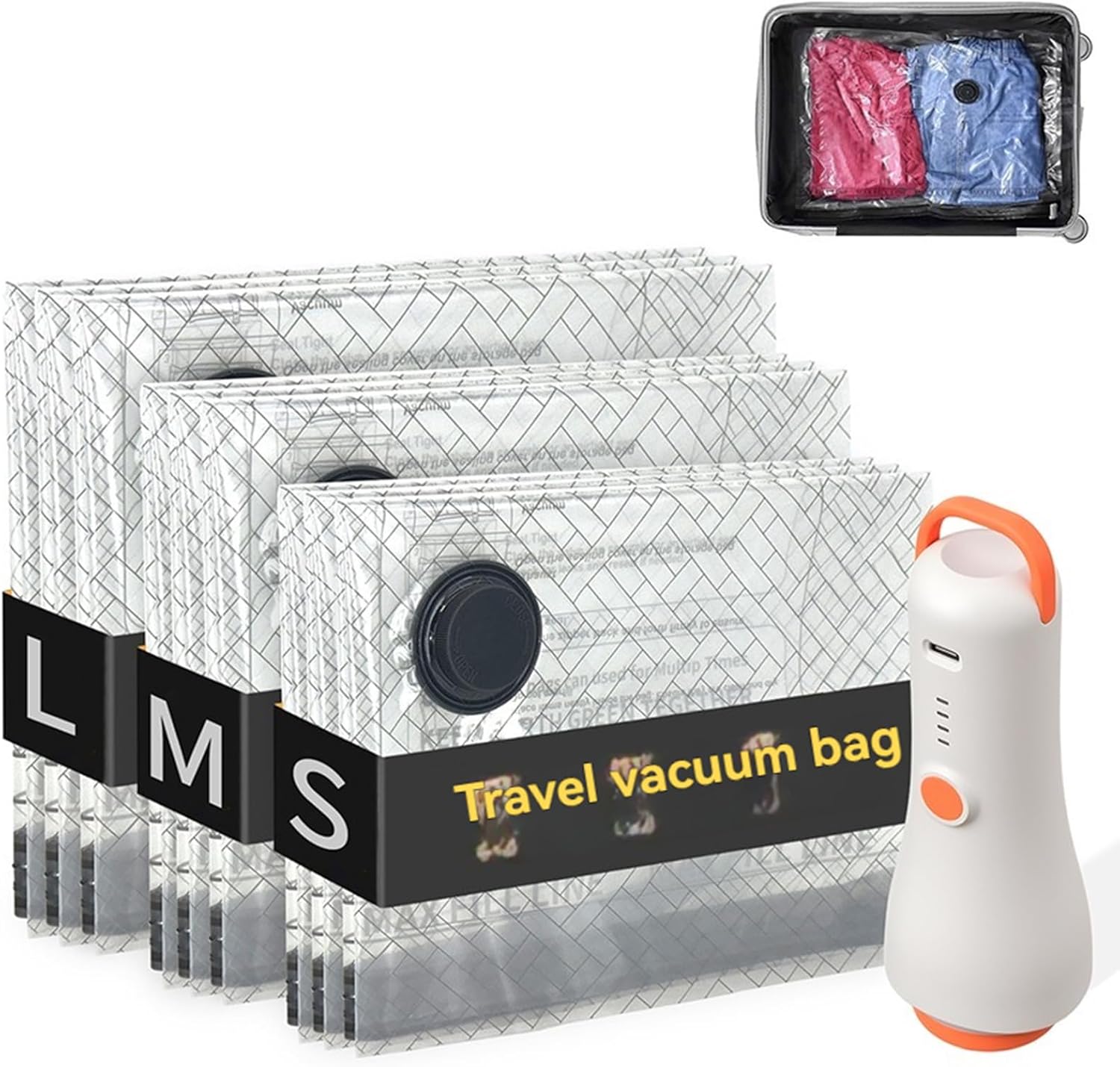 LICHIFIT Vacuum Compression Bag Transparent Space Saving Storage Bags L/M/S for Travel and Home Storage Clothes Blankets Vacuum Seal Bag with Rechargeable Wireless Electric Pump