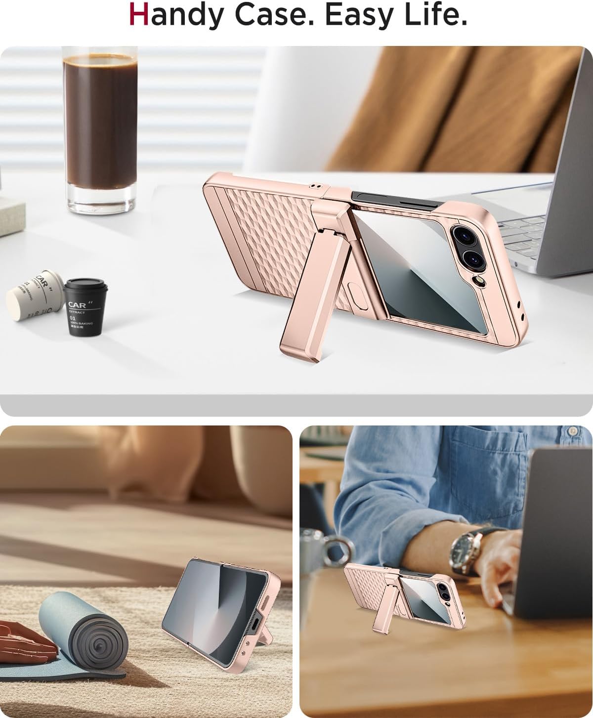 Miimall for Flip 7 FE/Flip 6 Kickstand Case Hinge Protector, [Bulit-in Screen Protector][Wireless Charging] Non-Slip Shockproof Bumper for Samsung Galaxy Z Flip 6/7Fe Hard Screen Phone Case, Gold